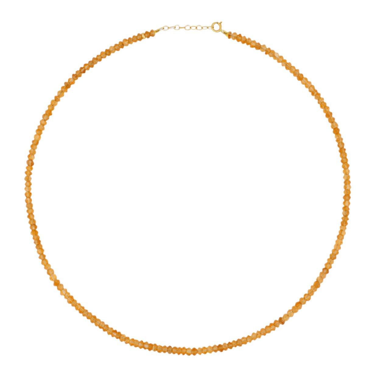 Introducing the Jia Jia Birthstone Necklace: This elegant piece from Jia Jia features a slender, circular design crafted with small amber-colored beads and semi-precious gemstones, complete with a 14 karat gold clasp.