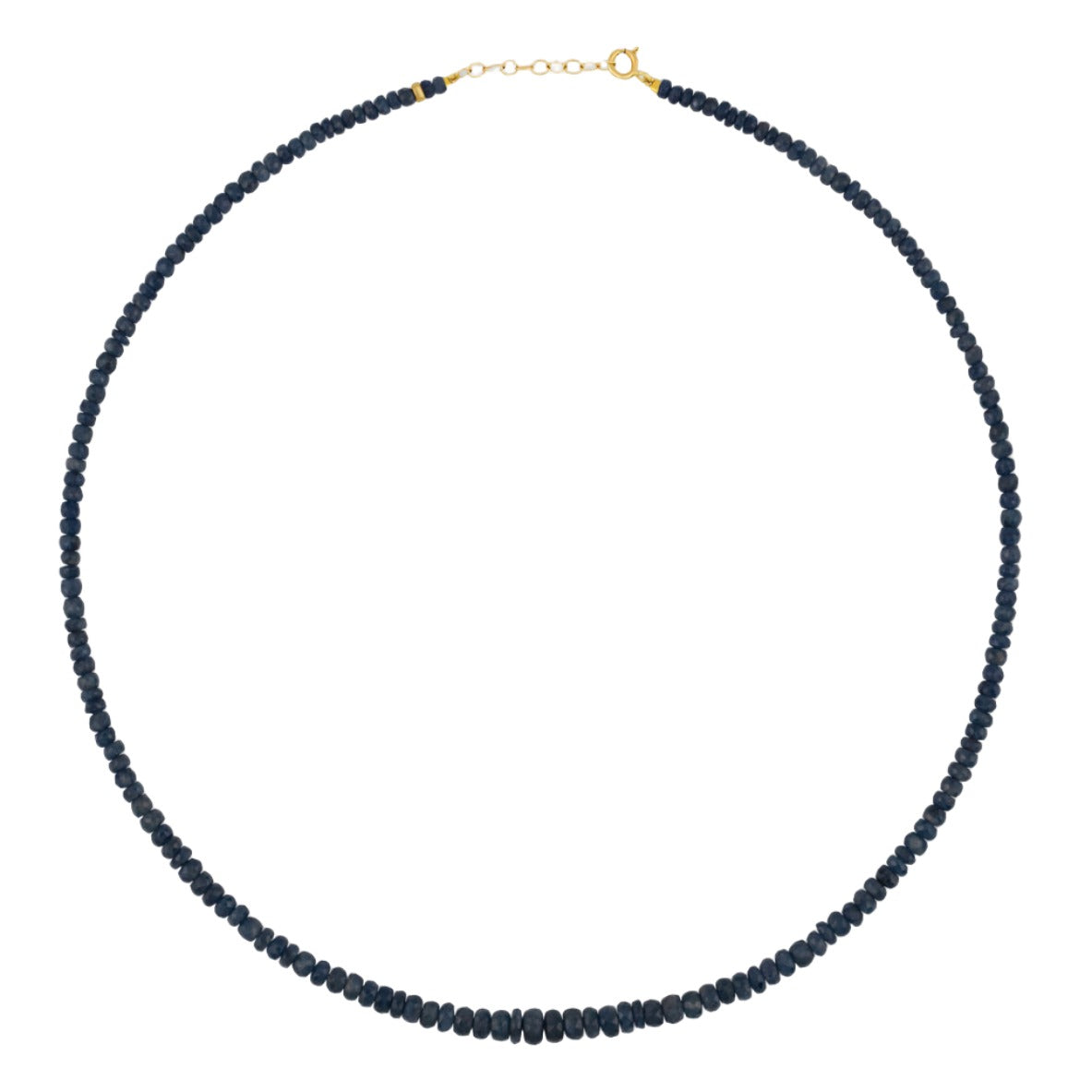 The Jia Jia Birthstone Necklace by Jia Jia gracefully features a slender design with black beads and semi-precious gemstones, completed with a 14 karat gold clasp, artistically positioned in a circular shape on a white background.