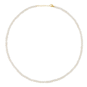 Introducing the Jia Jia Mini Pearl Necklace by Jia Jia, featuring small, round freshwater pearls and a gold clasp, handcrafted in NYC.