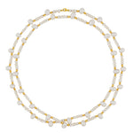 The Jia Jia Ocean Pearl Gold Bead Double Long Necklace, by the brand Jia Jia, showcases elegant freshwater pearls and 14 karat gold beads against a pristine white background.