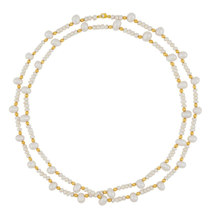 The Jia Jia Ocean Pearl Gold Bead Double Long Necklace, by the brand Jia Jia, showcases elegant freshwater pearls and 14 karat gold beads against a pristine white background.