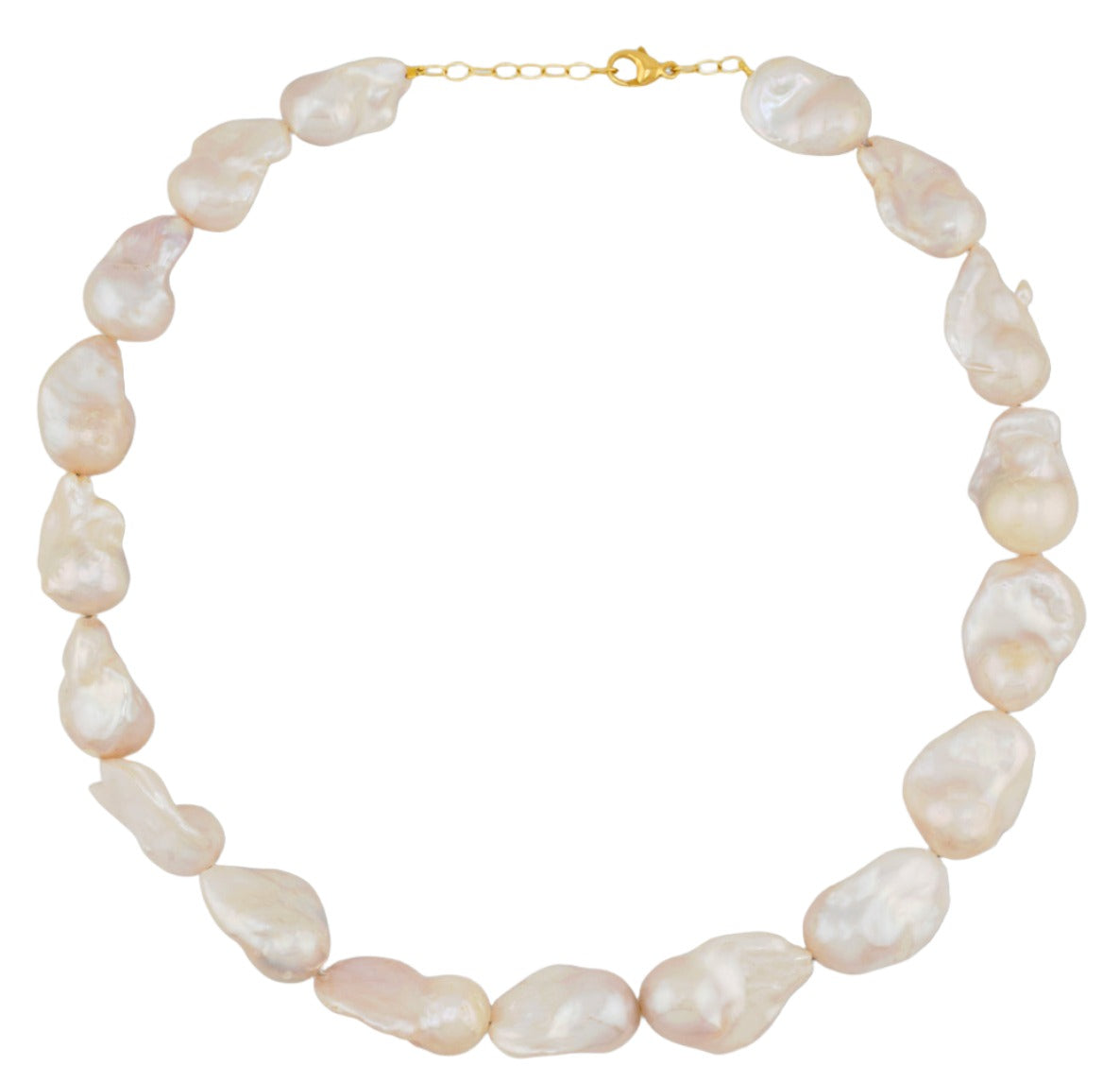 The Jia Jia Baroque Pearl Necklace, by the brand Jia Jia, is a stunning piece handcrafted with precision in NYC. It features irregularly shaped freshwater baroque pearls and is secured with a 14-karat gold clasp.