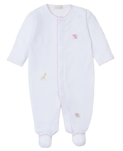 The Kissy Kissy Jungle Mates Hand Emb. Footie is a white baby onesie with long sleeves and footed design, crafted from soft Peruvian cotton. It features subtle pink trim and embroidered animals like a giraffe, elephant, and turtle, perfectly capturing Kissy Kissy's signature charm.