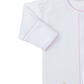 The Kissy Kissy Jungle Mates Hand Emb. Footie is an adorable white onesie crafted from soft Peruvian cotton, featuring pink stitching and a small giraffe design on the lower left side, ideal for a cozy day in.