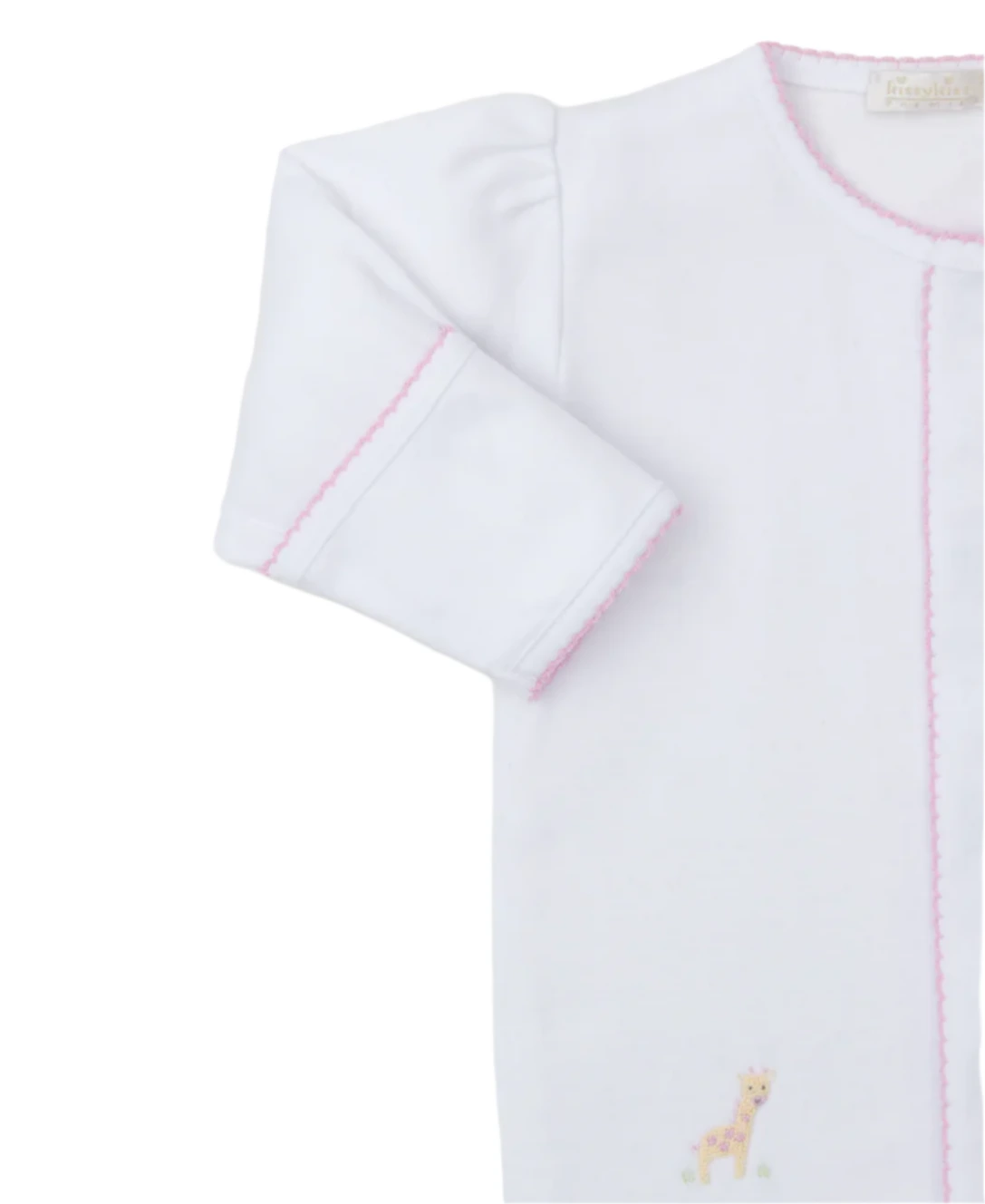 The Kissy Kissy Jungle Mates Hand Emb. Footie is an adorable white onesie crafted from soft Peruvian cotton, featuring pink stitching and a small giraffe design on the lower left side, ideal for a cozy day in.