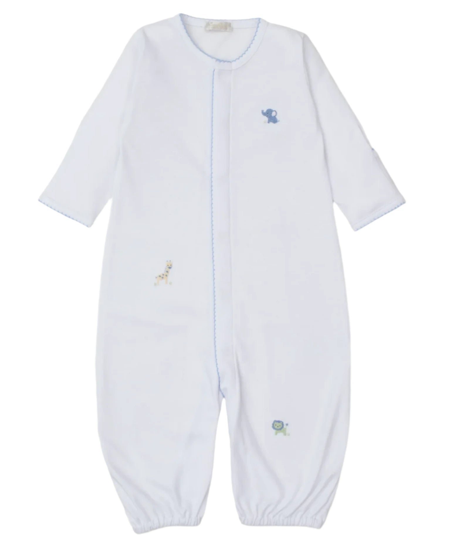 The Kissy Kissy Baby Boys' Jungle Mates Convertible Gown is a soft, Peruvian cotton onesie with long sleeves and features small embroidered jungle animals—whale on the chest, giraffe and turtle near the feet—with blue stitching outlining the edges for a charming finish.