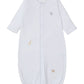 The Kissy Kissy Baby Boys' Jungle Mates Convertible Gown is a white baby sleeper made from soft Peruvian cotton, featuring jungle animal embroidery with a grey elephant, yellow giraffe, and brown lion. It offers convenience with its convertible design, closed bottom, long sleeves, and front seam detailing.