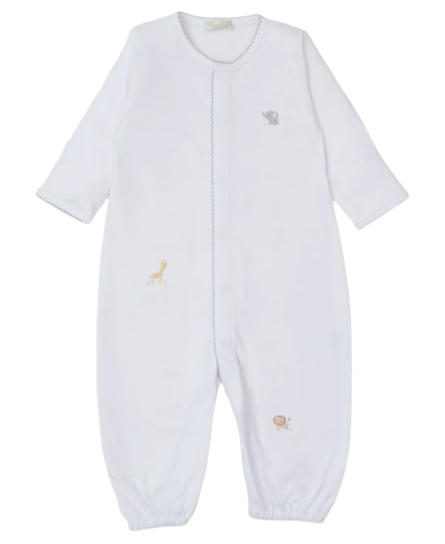 The Baby Boys' Jungle Mates Convertible Gown by Kissy Kissy is crafted from soft Peruvian cotton in white, with long sleeves and jungle animal embroidery, including an elephant near the chest and a giraffe and lion on the front.