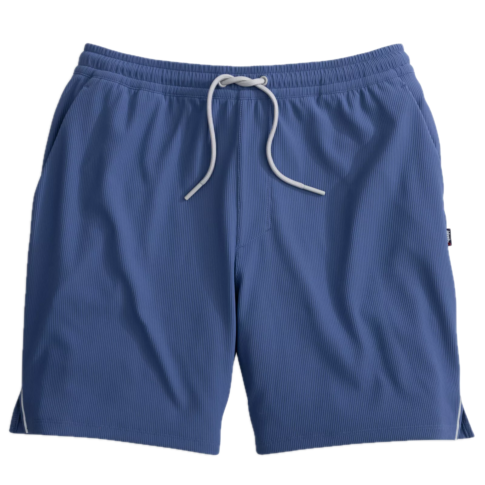 The Johnnie-O Hoppin Shorts feature an elastic waistband with a white drawstring and are crafted from soft rib-knit fabric with a subtle textured pattern in blue, displayed on a plain white background. These versatile shorts offer the perfect blend of comfort and style for any activity.