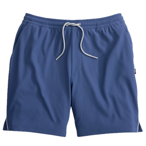 The Johnnie-O Hoppin Shorts feature an elastic waistband with a white drawstring and are crafted from soft rib-knit fabric with a subtle textured pattern in blue, displayed on a plain white background. These versatile shorts offer the perfect blend of comfort and style for any activity.