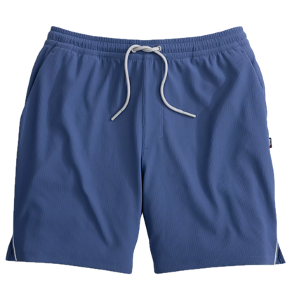 The Johnnie-O Hoppin Shorts feature an elastic waistband with a white drawstring and are crafted from soft rib-knit fabric with a subtle textured pattern in blue, displayed on a plain white background. These versatile shorts offer the perfect blend of comfort and style for any activity.