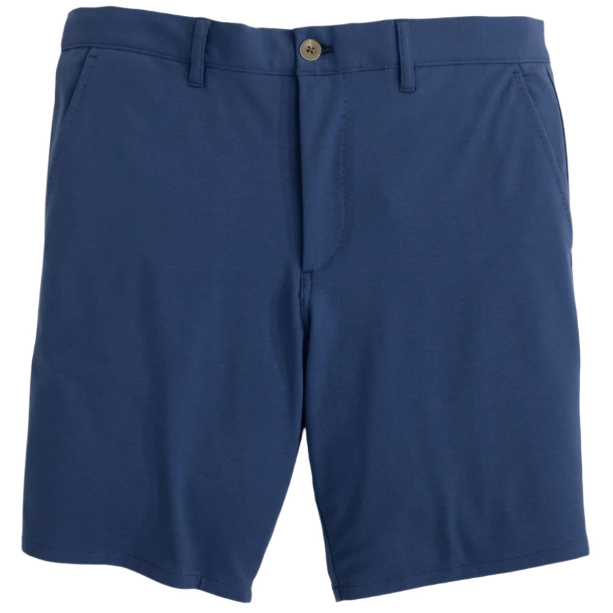 The Johnnie-O Jupiters Stretch Cotton Performance Shorts are blue, knee-length men’s shorts with a button and zipper closure, front pockets, and belt loops. Comfortable and stylish, they’re crafted from performance fabric and shown against a white background.