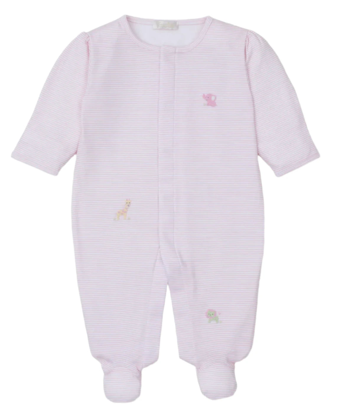 The Kissy Kissy Jungle Mates Striped Hand Emb. Footie is an adorable pink and white footed baby outfit, crafted from soft Peruvian cotton. It features long sleeves and charming small animal motifs, perfect for keeping your little one cozy and snug!.