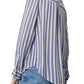 Woman in a blue and white striped button-down Rails Josephine Top and jeans viewed from the back, focusing on the detail of the shirt's design.