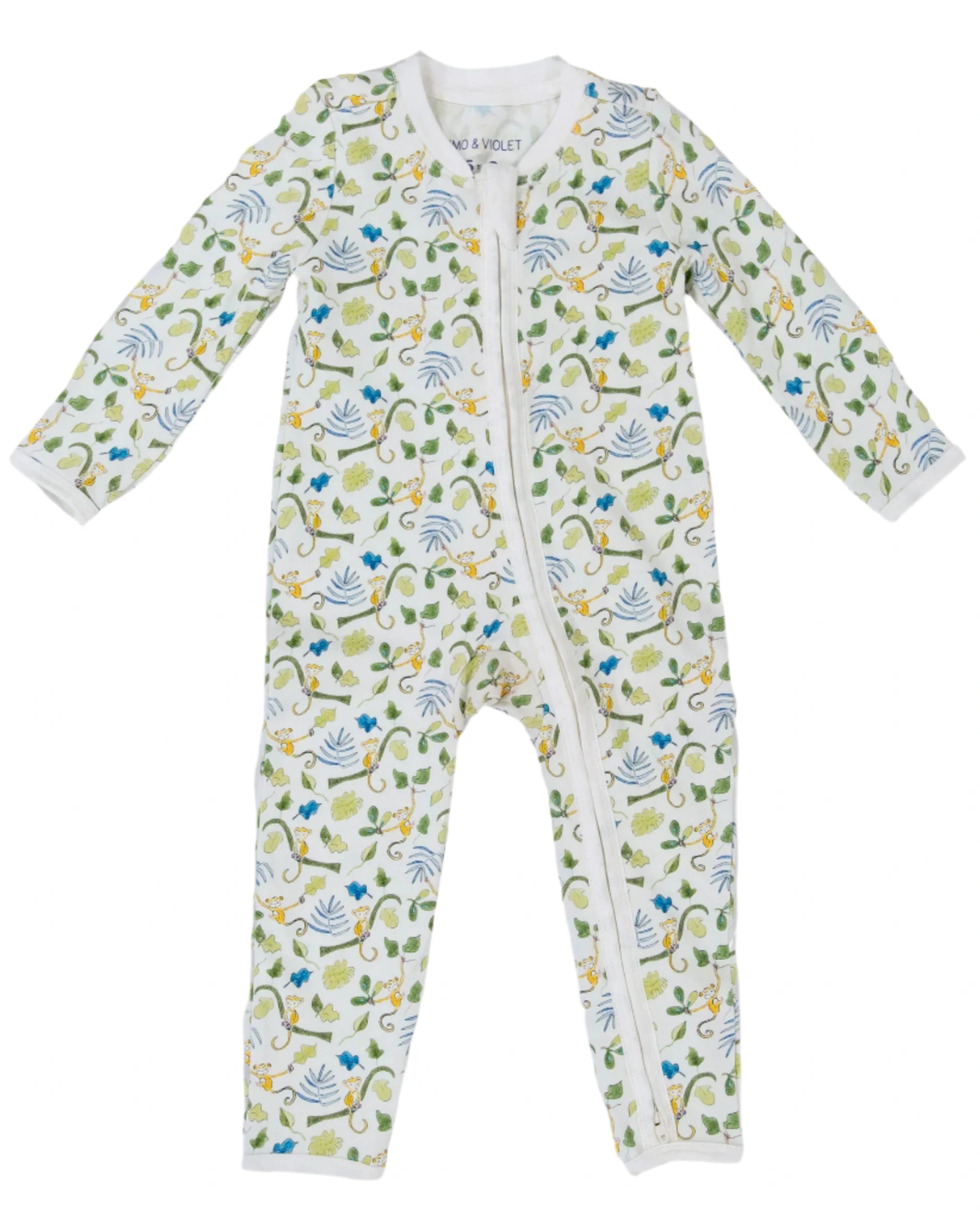 The Timo & Violet Baby' One-Piece is a long-sleeved romper with a zipper front, convertible foot cuffs, and a vibrant pattern of leaves, vines, and birds on a white background.