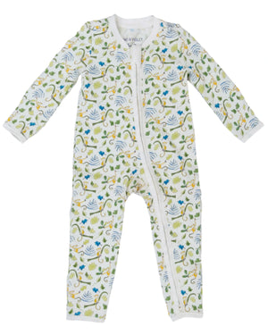The Timo & Violet Baby' One-Piece is a long-sleeved romper with a zipper front, convertible foot cuffs, and a vibrant pattern of leaves, vines, and birds on a white background.