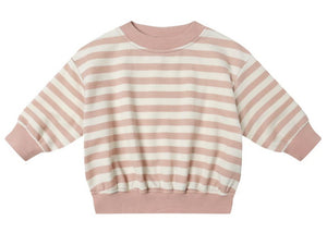 The Quincy Mae Baby Relaxed Sweatshirt features light pink and white stripes with a pink collar, cuffs, and waistband, offering cozy comfort for your little one.
