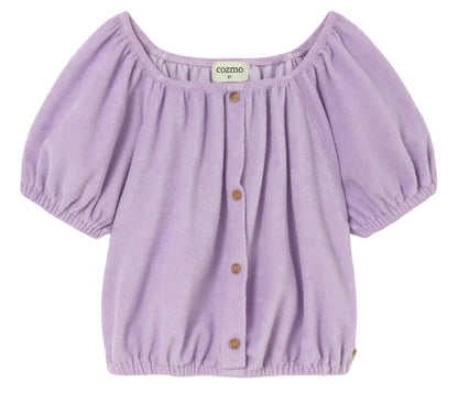 Cozmo Girls' Judy Terry Top in lavender—a short-sleeve blouse with a gathered neckline, button-down front, cropped silhouette, and elastic hem—displayed against a white background.