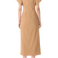 Back view of a person wearing Jason Wu Collection's Draped Neck Fluid Crepe Dress, beige with short sleeves and calf length, paired with black high-heeled sandals.