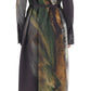 Back view of a Jason Wu Collection's Brushstroke Printed Oversized Shirtdress w Belt, showcasing abstract green, brown, and gray patterns, worn by a person in strappy green heels.