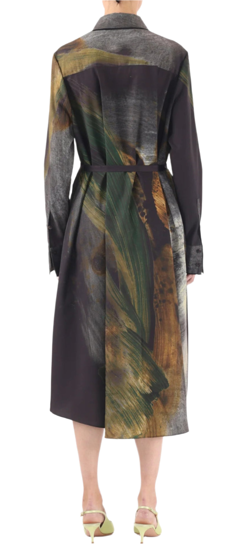 A relaxed silhouette is achieved with the Jason Wu Collection Brushstroke Printed Oversized Shirtdress w Belt featuring dark abstract patterns and green and brown accents, paired perfectly with light green shoes, drawing attention from the back.