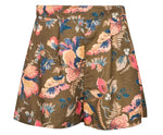 The Ashton Short by Hunter Bell NYC features a tailored banded waist and a vibrant Olive Floral linen print with pink, blue, and cream botanical blooms on a flattering high-waisted silhouette.