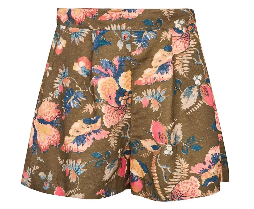 The Ashton Short by Hunter Bell NYC features a tailored banded waist and a vibrant Olive Floral linen print with pink, blue, and cream botanical blooms on a flattering high-waisted silhouette.