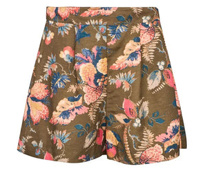 The Ashton Short by Hunter Bell NYC features a tailored banded waist and a vibrant Olive Floral linen print with pink, blue, and cream botanical blooms on a flattering high-waisted silhouette.