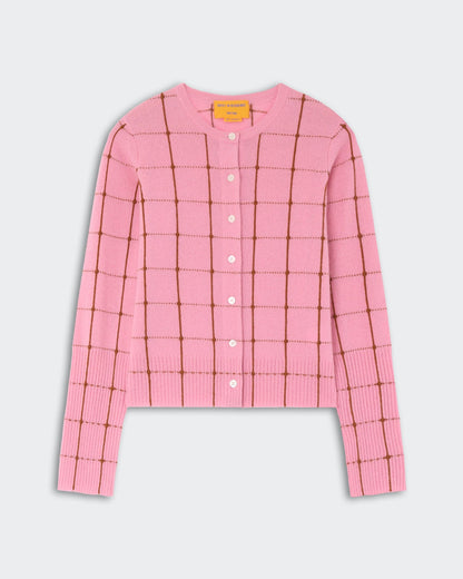 The Jane Checker Cardigan by Guest in Residence is a pink, long-sleeve, button-up cashmere cardigan with a brown windowpane check, shown on a light background.