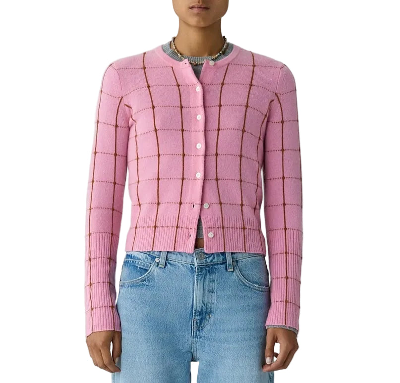 Person wearing the Jane Checker Cardigan by Guest in Residence with light blue jeans for a cozy yet stylish look.