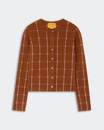 The Jane Checker Cardigan by Guest in Residence is a lightweight cashmere women’s long-sleeve cardigan in brown, featuring a pink windowpane check pattern, front buttons, and ribbed cuffs and hem, displayed on a flat white background.
