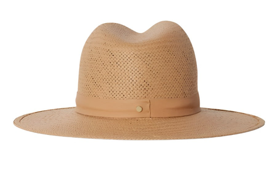 A beige, wide-brimmed, packable Janessa Leone Simone fedora hat isolated on a white background.