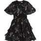 The Jason Wu Collection SS Printed Chiffon Dress from Jason Wu Collection features a sophisticated black print, short ruffled sleeves, an elegant ruffle detail on the chest, and a flared skirt.