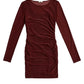 The Jason Wu LS Double Layer Ruched Dress is a burgundy long-sleeve dress with a scoop neckline and sophisticated ruched detailing on the sides.
