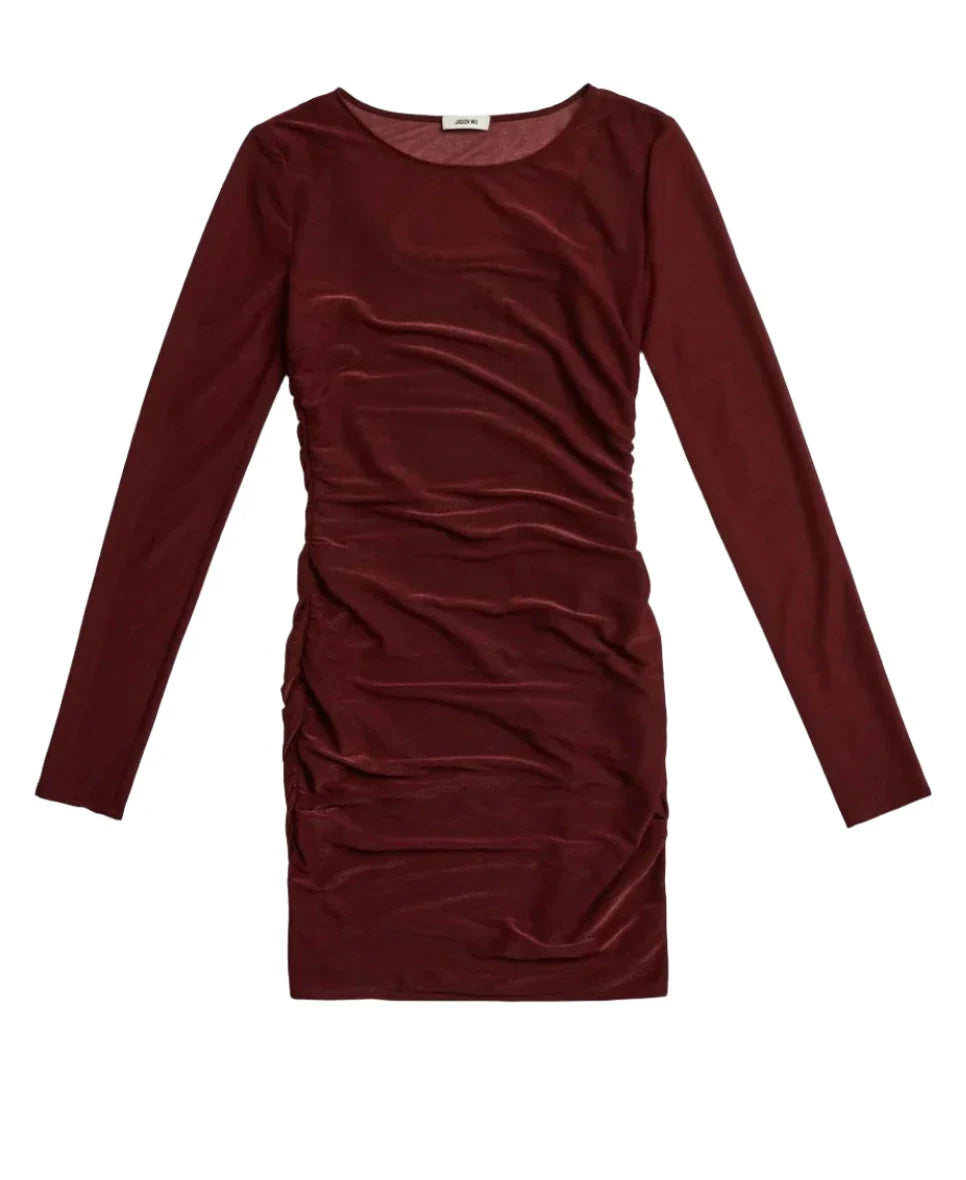 A long-sleeved, bodycon Jason Wu LS Double Layer Ruched Dress in deep burgundy with ruched detailing on one side.