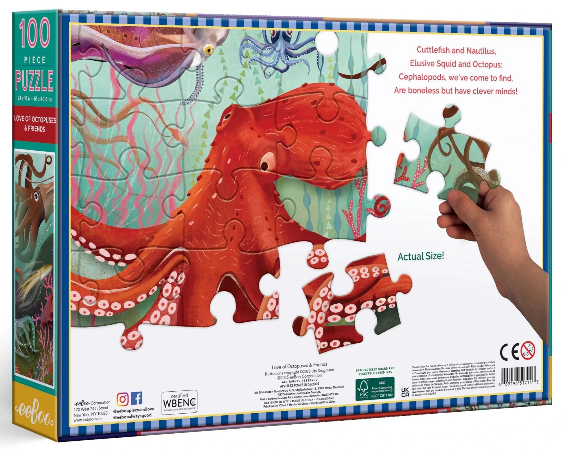 Back of the Eeboo Love of Octopuses & Friends 100 Piece Puzzle box, featuring a hand placing a piece into a vibrant ocean scene, with a brief description highlighting fascinating cephalopods and other amazing sea creatures.