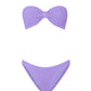 Hunza G Jean Bikini in strapless lavender crinkle fabric, featuring a bandeau top and matching bottoms, displayed on a white background.