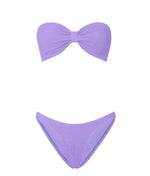 Hunza G Jean Bikini in strapless lavender crinkle fabric, featuring a bandeau top and matching bottoms, displayed on a white background.