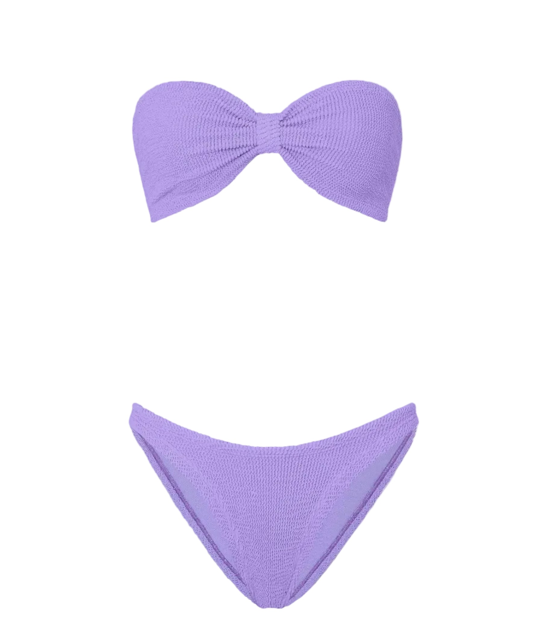 Hunza G Jean Bikini in strapless lavender crinkle fabric, featuring a bandeau top and matching bottoms, displayed on a white background.