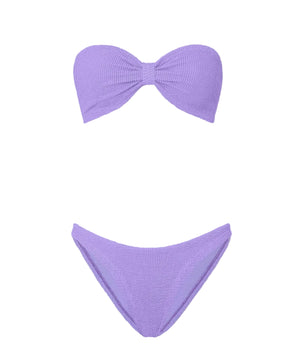 Hunza G Jean Bikini in strapless lavender crinkle fabric, featuring a bandeau top and matching bottoms, displayed on a white background.