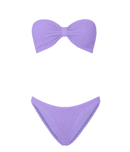 Hunza G Jean Bikini in strapless lavender crinkle fabric, featuring a bandeau top and matching bottoms, displayed on a white background.