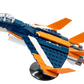 The LEGO® Creator Supersonic Jet from Legos - Toyhouse is displayed on a stand, showcasing its vibrant orange fins and a visible flame at the rear.