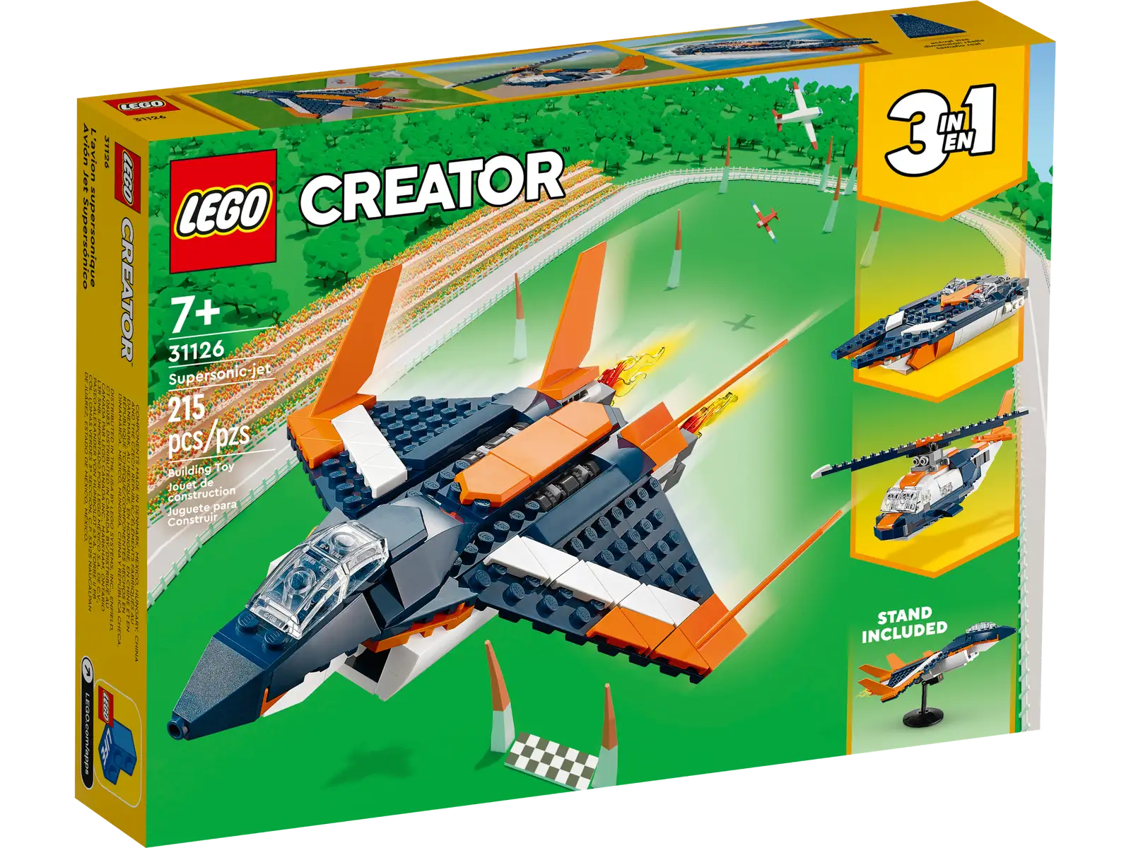 The LEGO® Creator Supersonic Jet by Legos - Toyhouse (set 31126) comes with three build options: a supersonic jet, a helicopter, and a boat. Suitable for ages 7 and up, the set includes 215 pieces and comes with a stand.