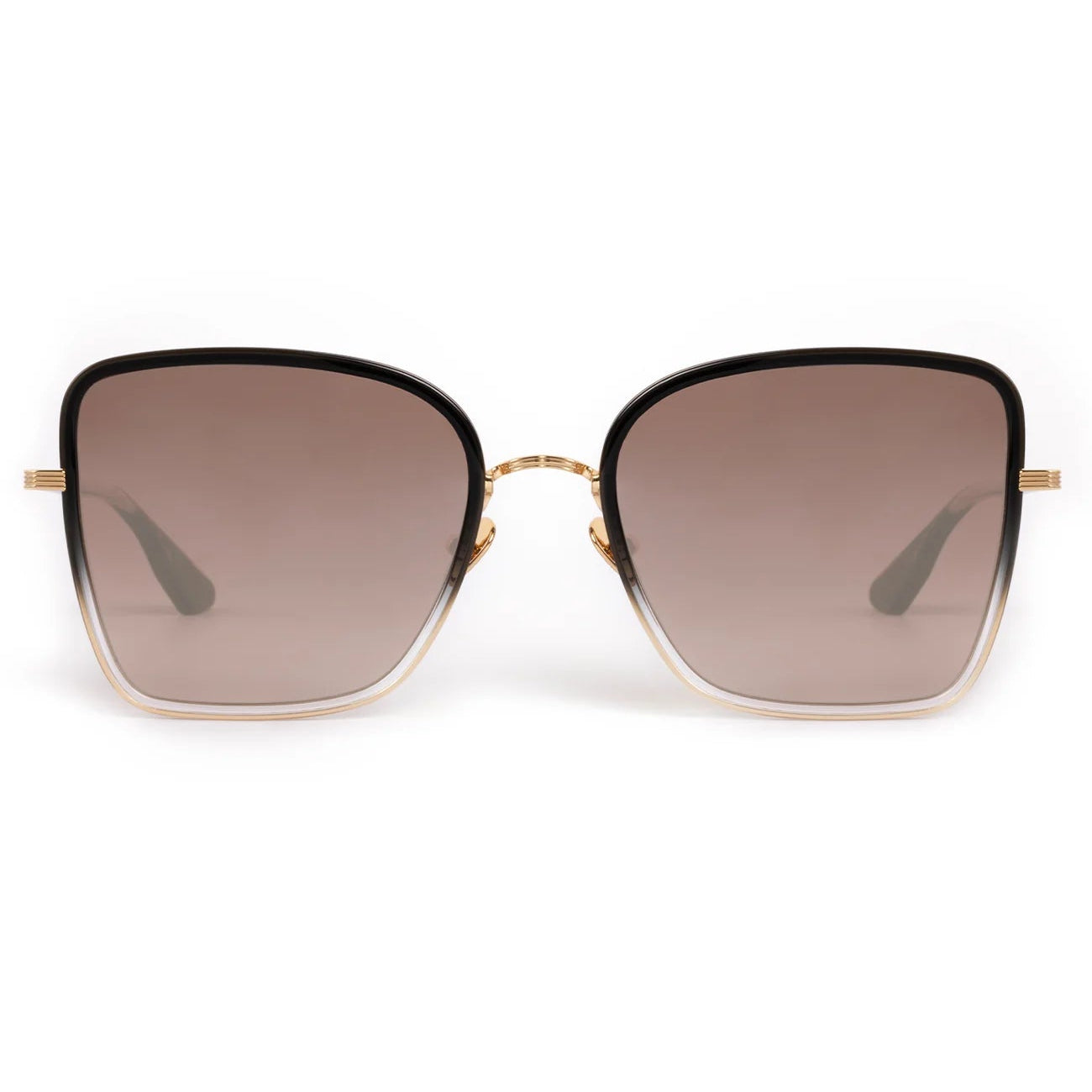 The Jolene Sunglasses by Krewe feature a front view of oversized square lenses with a gradient brown tint and thin gold frames.