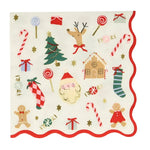 The Meri Meri Jolly Christmas Small Napkins, designed by the brand Meri Meri, feature delightful illustrations of candy canes, gifts, a tree, reindeer, Santa, gingerbread men, and stockings. Their charming wavy red border makes them the perfect holiday essential for your party guests.