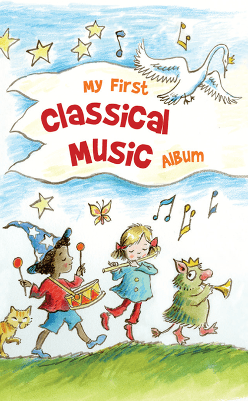 Illustration of three children playing instruments, joined by a cat and a creature, with musical notes and a bird above the text “Yoto Card: My First Classical Music Collection” from Yoto—perfectly capturing music for kids.