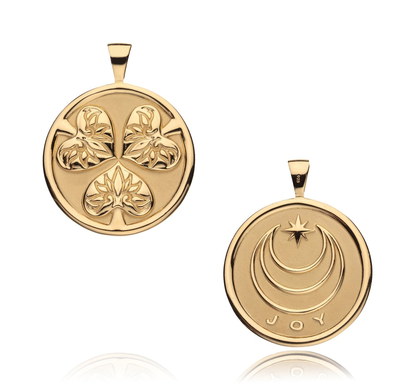 The Jane Win Pendant Necklace Collection includes two gold pendants: one with three floral motifs, the other with a star, two crescent moons, and "JOY" engraved—a perfect milestone or meaningful coin necklace.