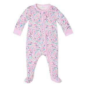 The Joy Street Baby Girls' Mermaids Zip Onesie features long sleeves, a front zipper, and a vibrant marine-themed pattern with mermaids, sea creatures, and seashells.