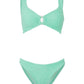 The Julia Bikini by Hunza G features a light green, ocean-inspired textured design with a pearly hoop detail at the center of the top and matching high-cut bottoms, shown against a white background.