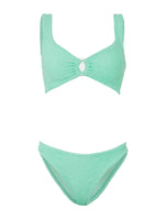 The Julia Bikini by Hunza G features a light green, ocean-inspired textured design with a pearly hoop detail at the center of the top and matching high-cut bottoms, shown against a white background.